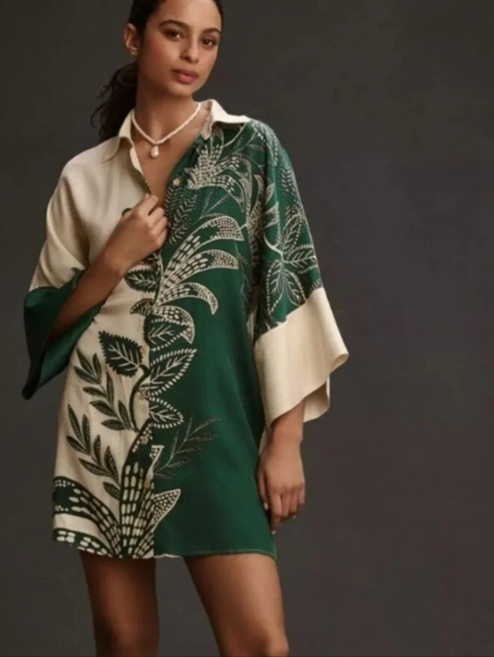 Farm Rio By Anthropologie Women's Small Green And White Botanical Leaf Dress